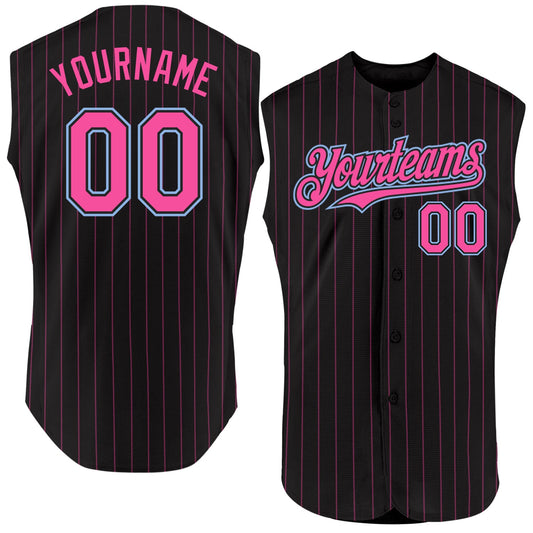 Custom Black Pink Pinstripe Light Blue Authentic Sleeveless Baseball Jersey - Main View