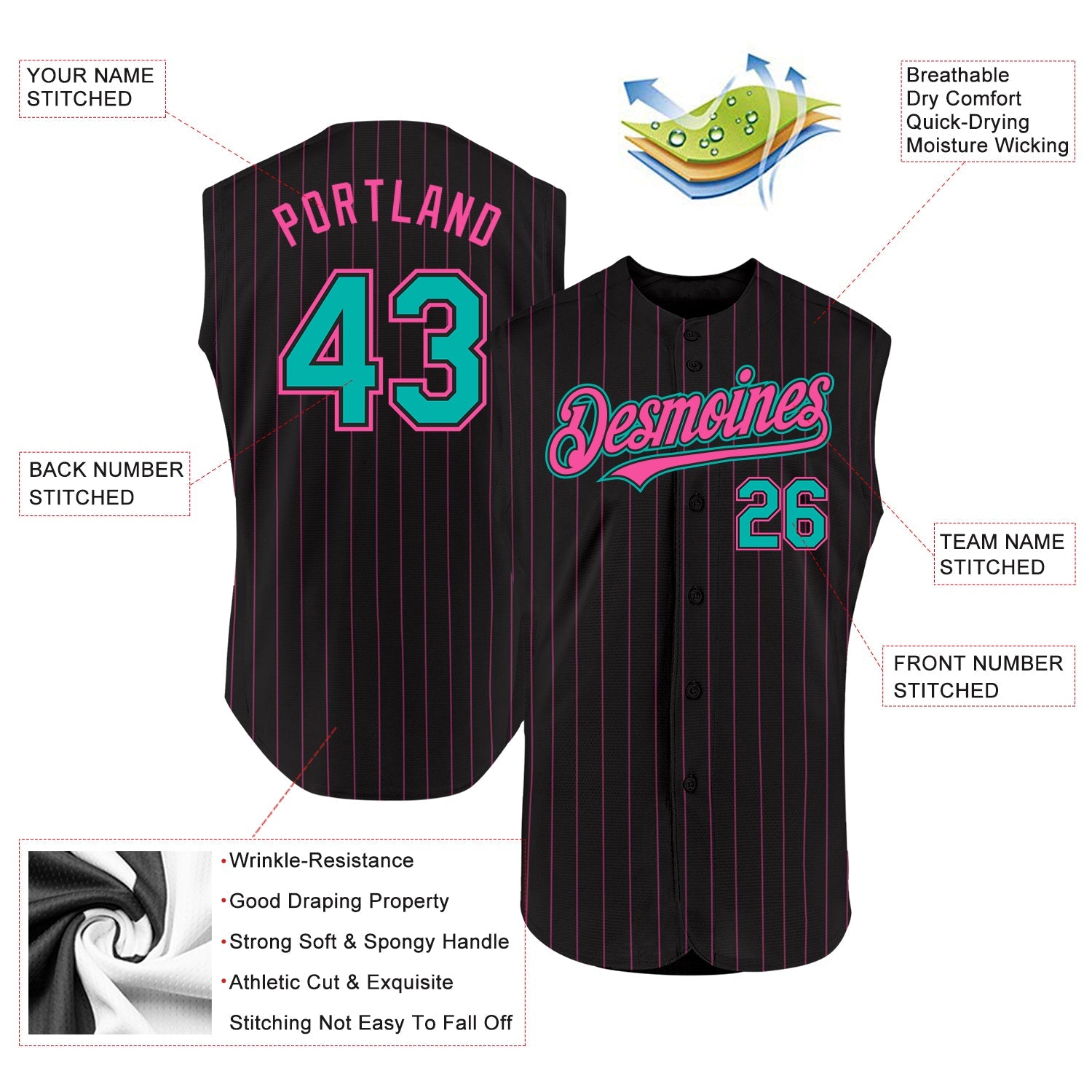 Custom Black Pink Pinstripe Aqua Authentic Sleeveless Baseball Jersey view 2