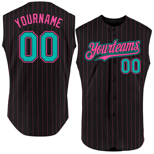 Custom Black Pink Pinstripe Aqua Authentic Sleeveless Baseball Jersey - Main View