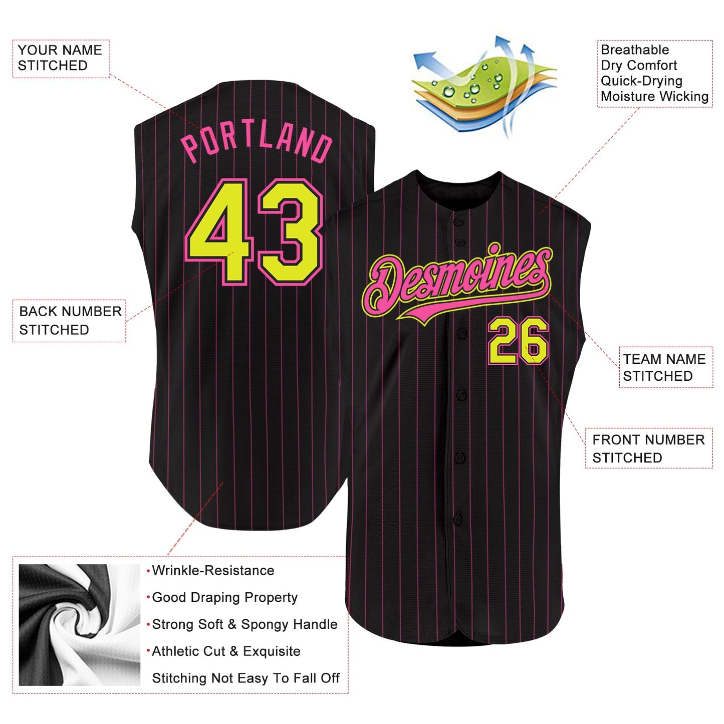 Custom Black Pink Pinstripe Neon Yellow Authentic Sleeveless Baseball Jersey view 2