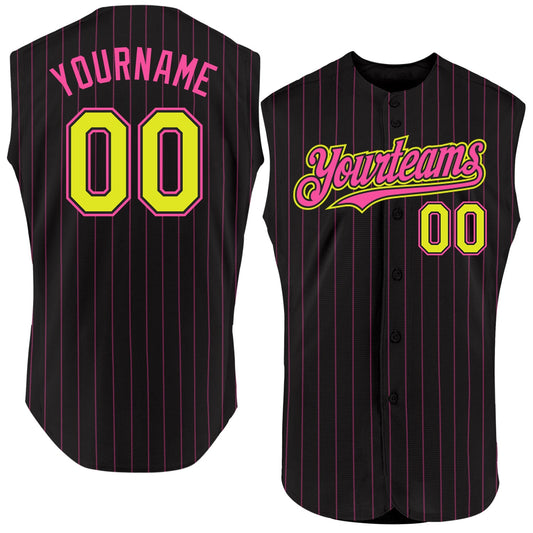 Custom Black Pink Pinstripe Neon Yellow Authentic Sleeveless Baseball Jersey - Main View