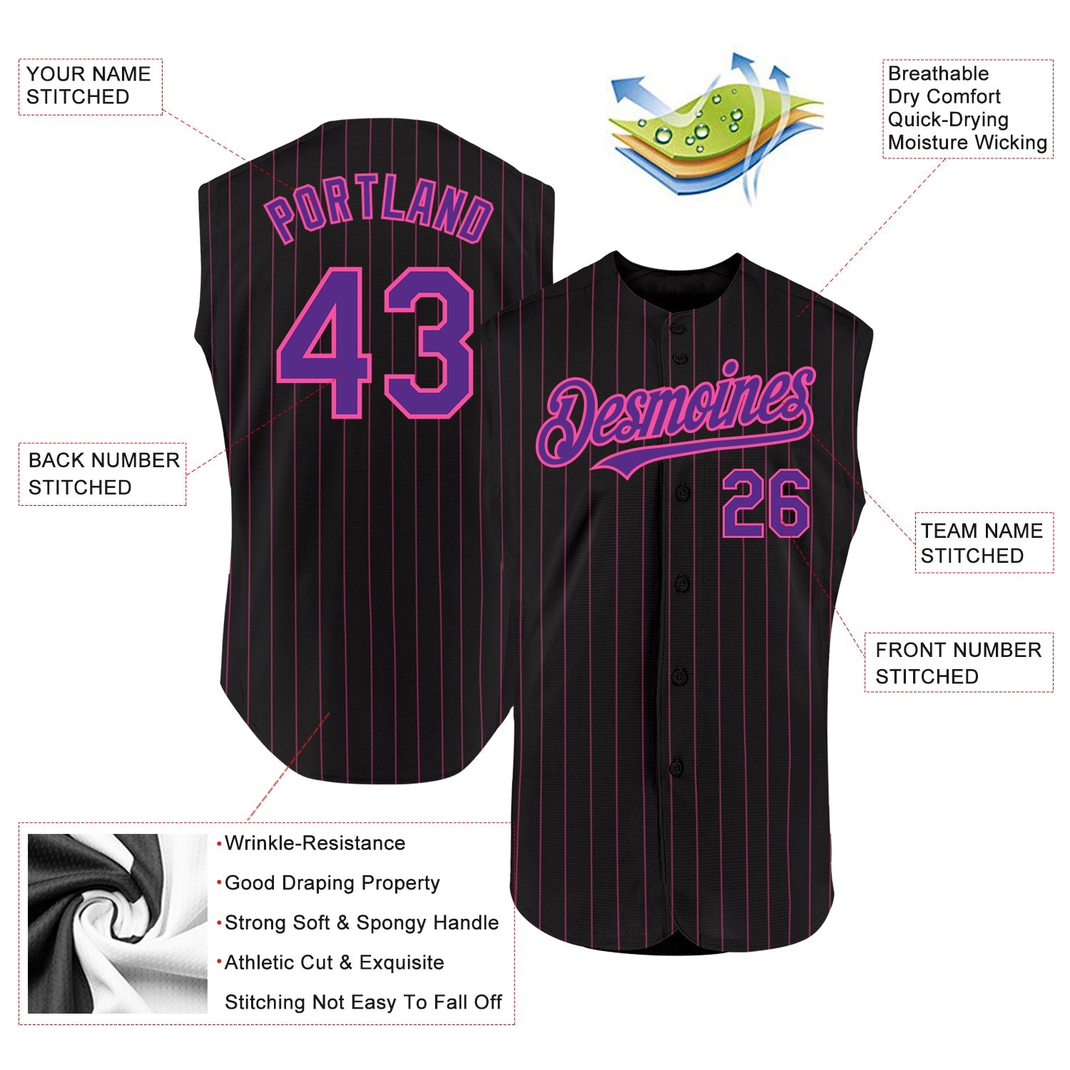 Custom Black Pink Pinstripe Purple Authentic Sleeveless Baseball Jersey view 2