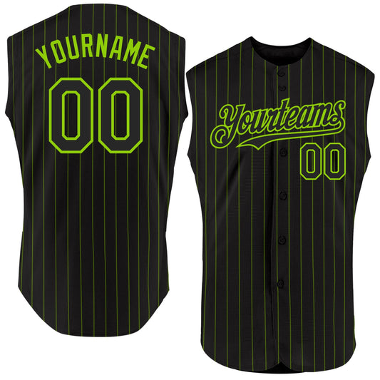 Custom Black Neon Green Pinstripe Neon Green Authentic Sleeveless Baseball Jersey - Main View