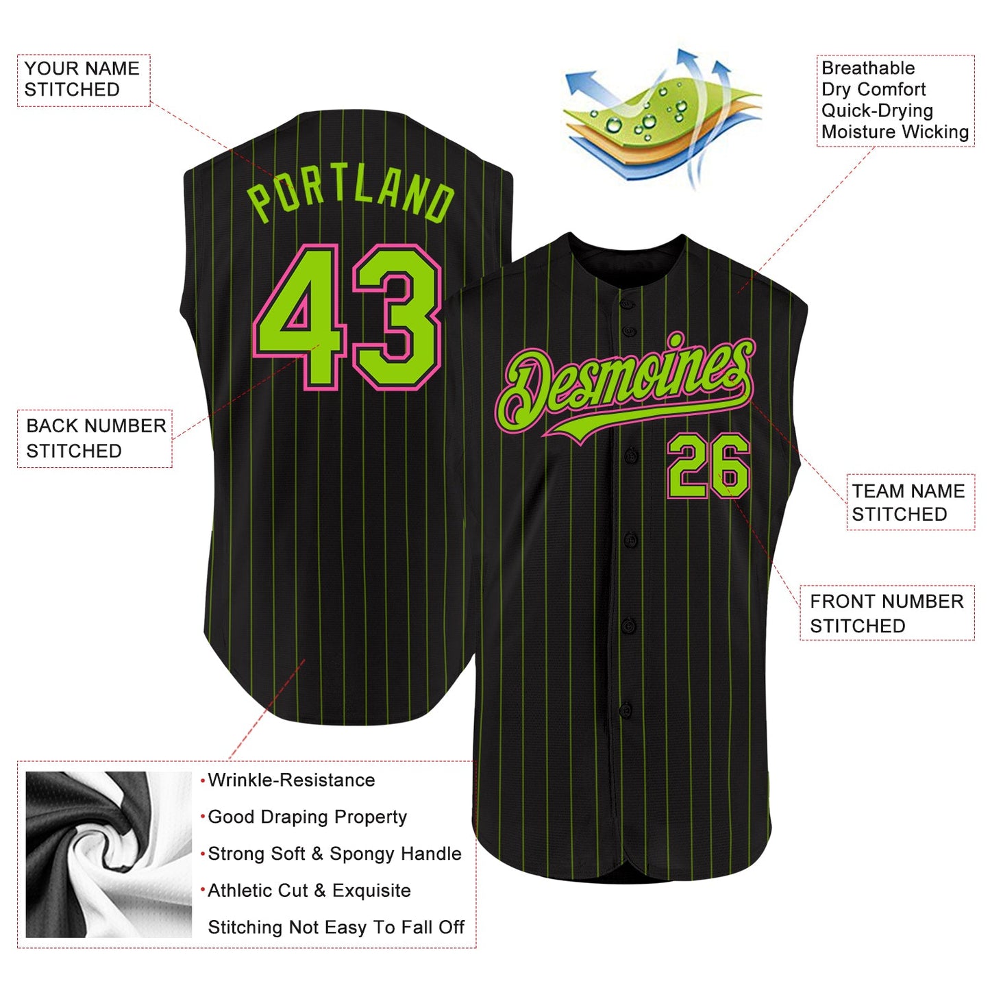 Custom Black Neon Green Pinstripe Pink Authentic Sleeveless Baseball Jersey view 2