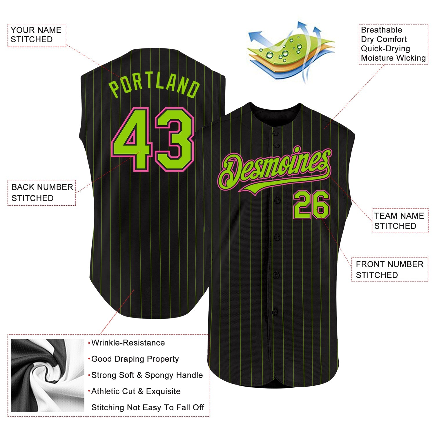 Custom Black Neon Green Pinstripe Pink Authentic Sleeveless Baseball Jersey view 2