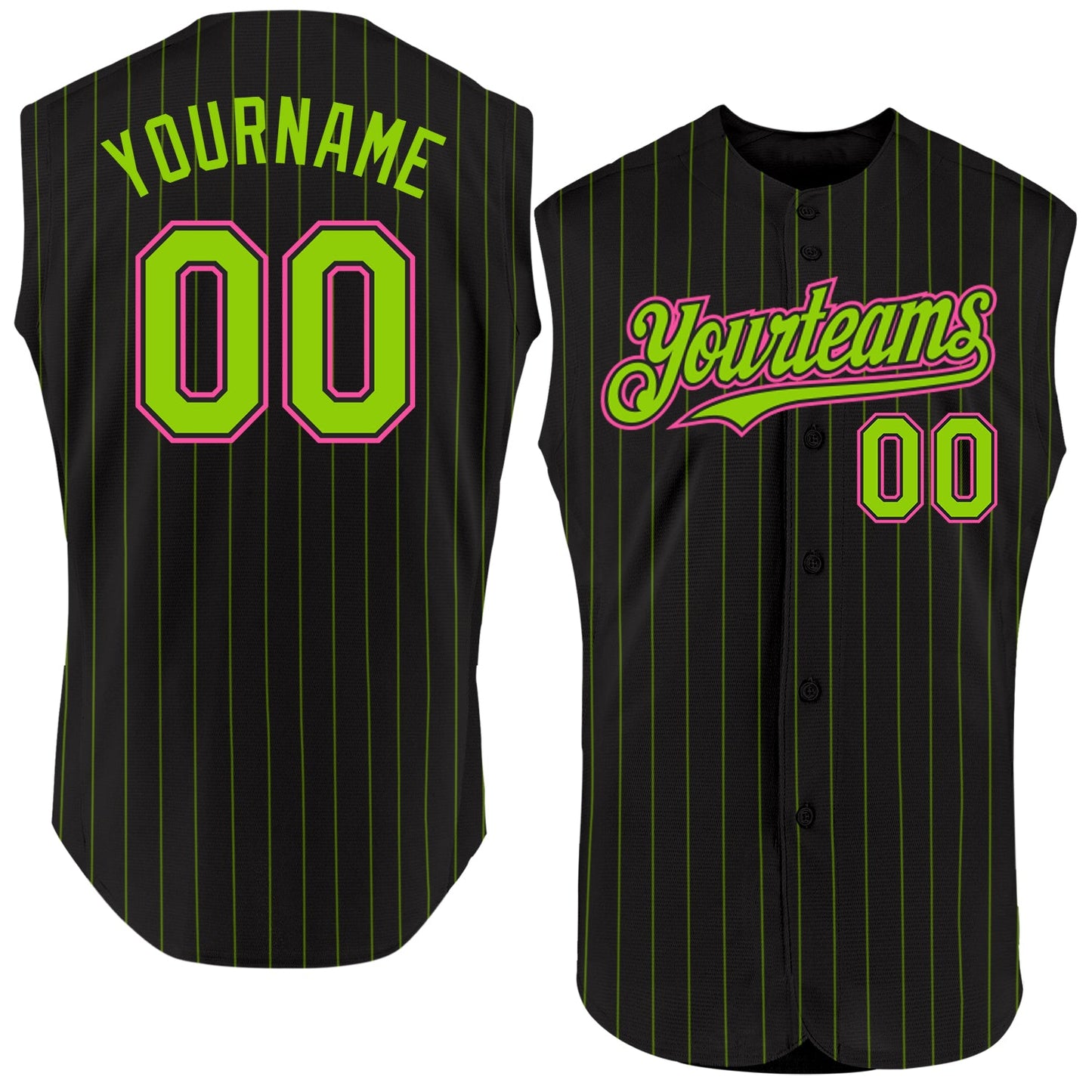 Custom Black Neon Green Pinstripe Pink Authentic Sleeveless Baseball Jersey - Main View