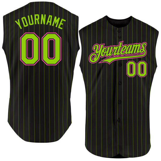 Custom Black Neon Green Pinstripe Pink Authentic Sleeveless Baseball Jersey - Main View