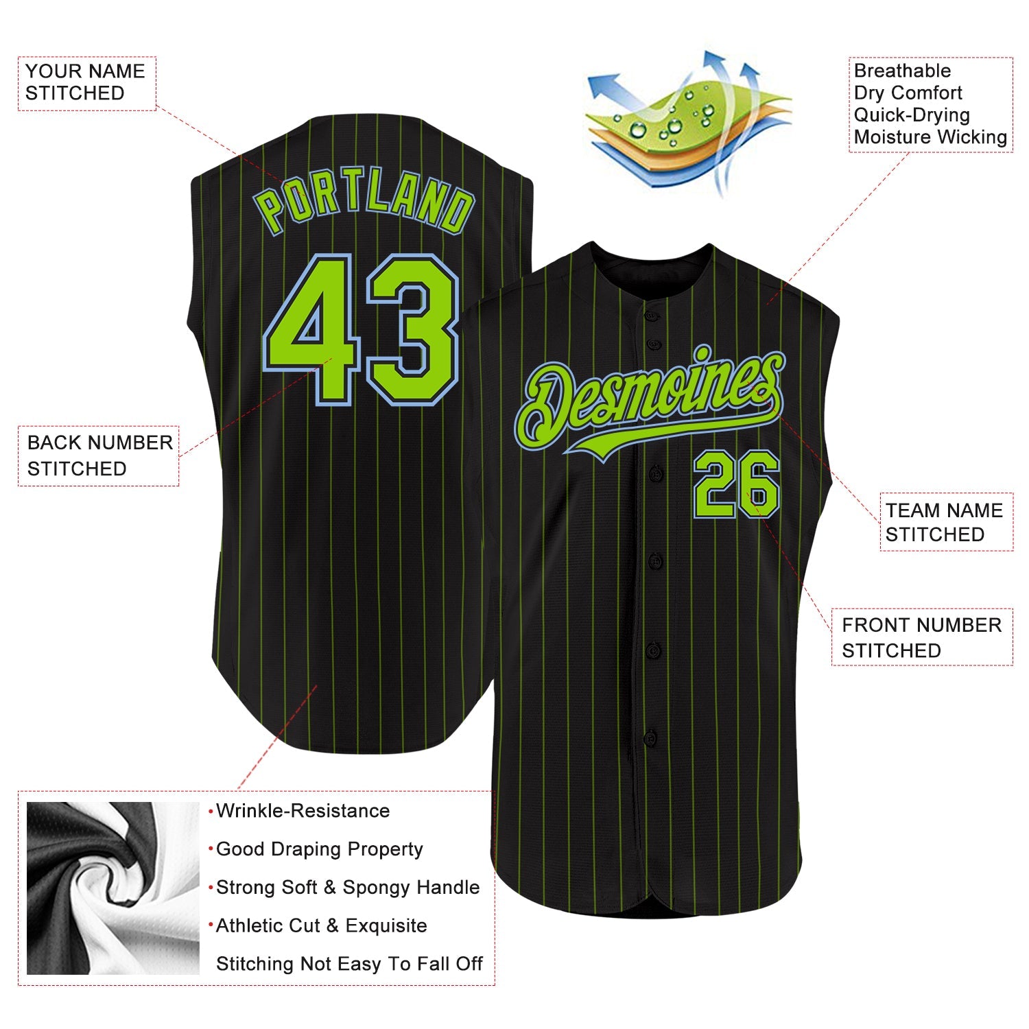 Custom Black Neon Green Pinstripe Light Blue Authentic Sleeveless Baseball Jersey view 2