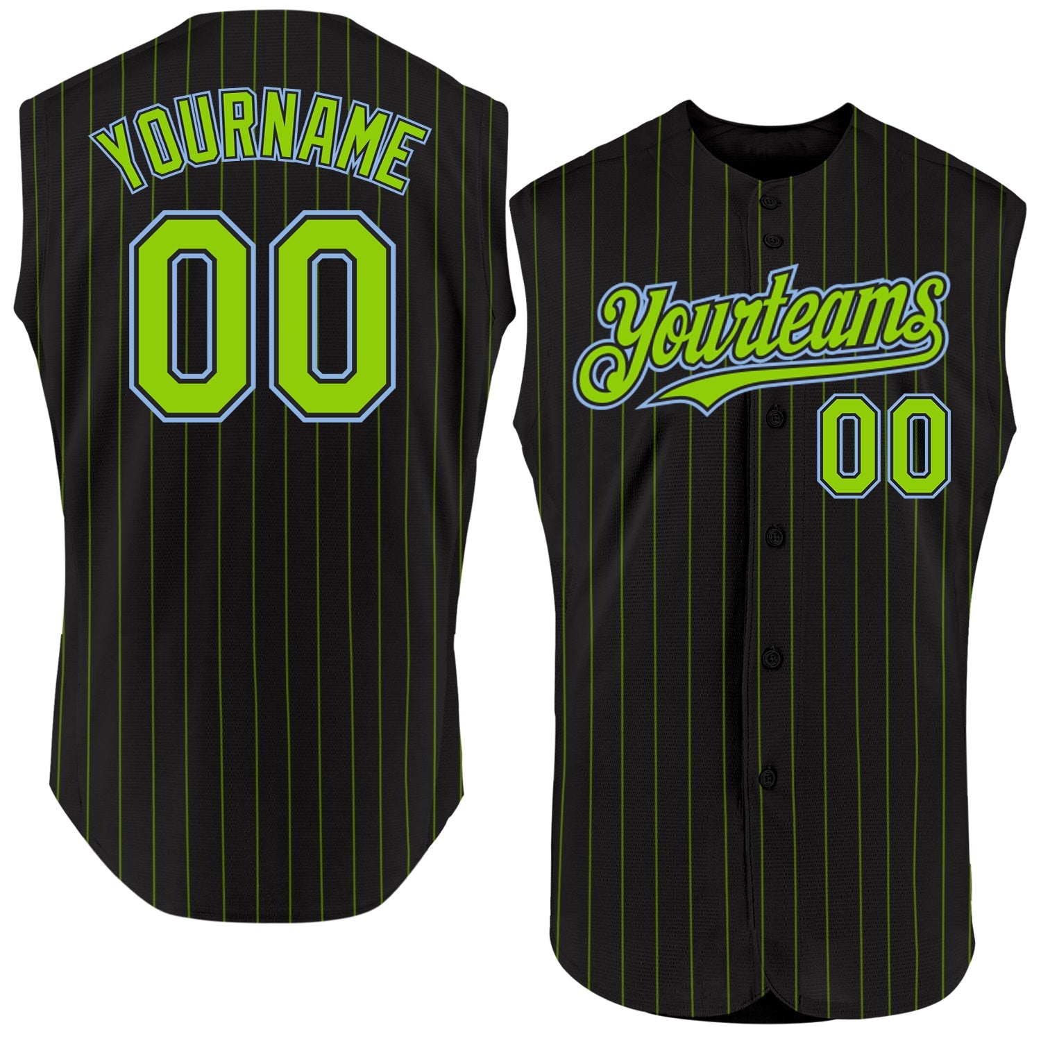 Custom Black Neon Green Pinstripe Light Blue Authentic Sleeveless Baseball Jersey - Main View