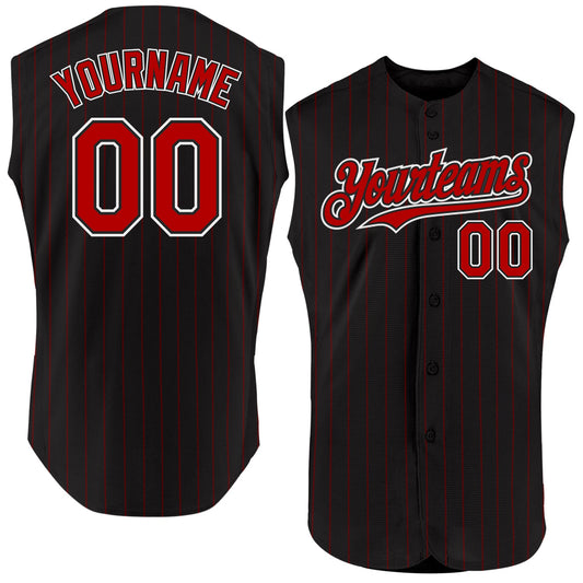 Custom Black Red Pinstripe White Authentic Sleeveless Baseball Jersey - Main View