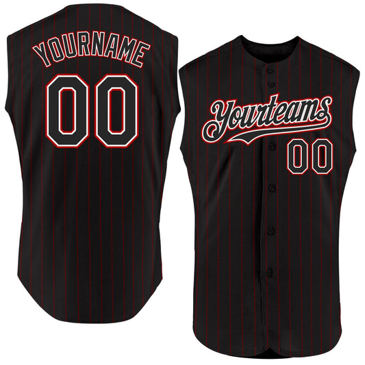Custom Black Red Pinstripe White Authentic Sleeveless Baseball Jersey - Main View