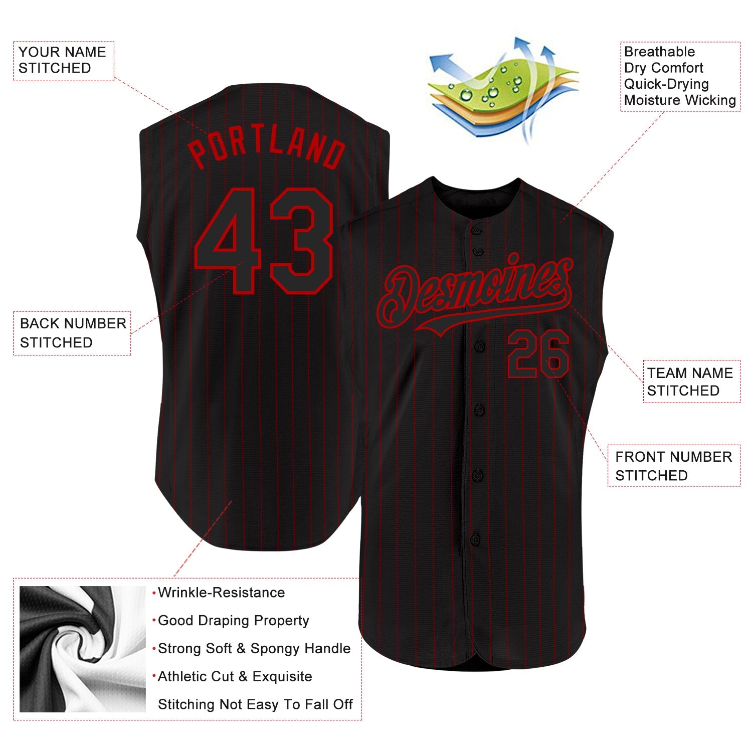 Custom Black Red Pinstripe Red Authentic Sleeveless Baseball Jersey view 2