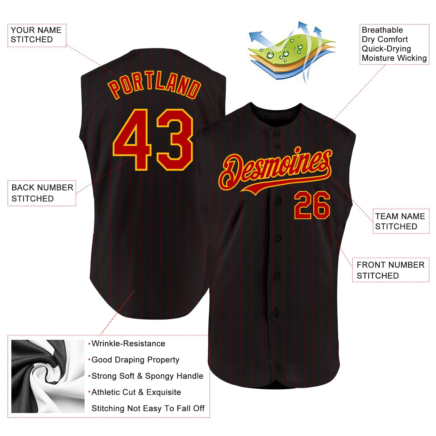 Custom Black Red Pinstripe Gold Authentic Sleeveless Baseball Jersey view 2