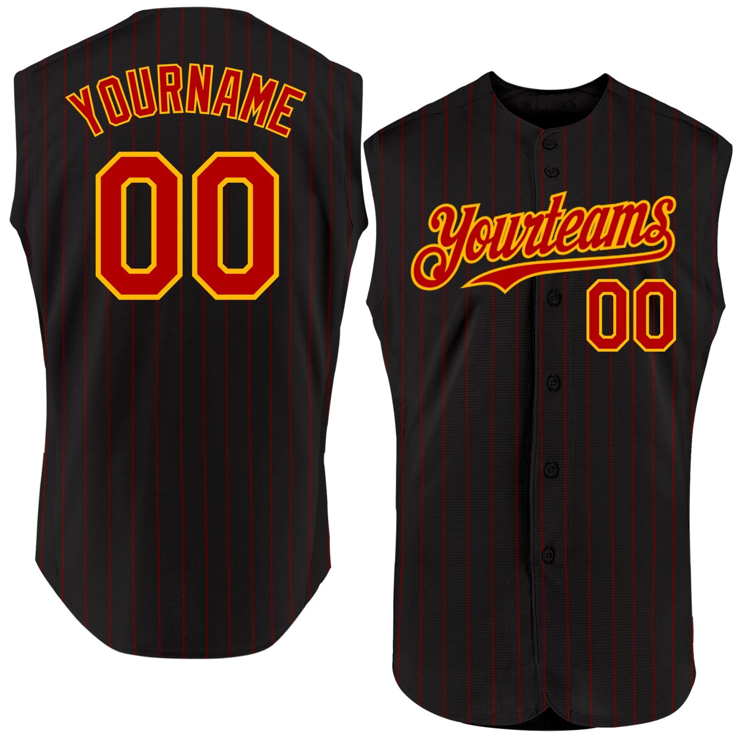 Custom Black Red Pinstripe Gold Authentic Sleeveless Baseball Jersey - Main View