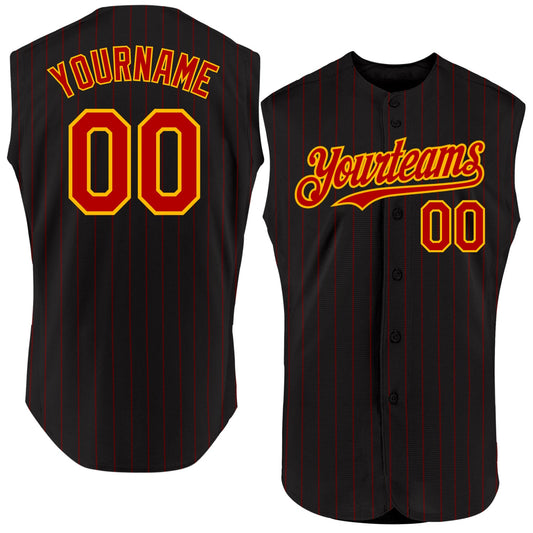 Custom Black Red Pinstripe Gold Authentic Sleeveless Baseball Jersey - Main View