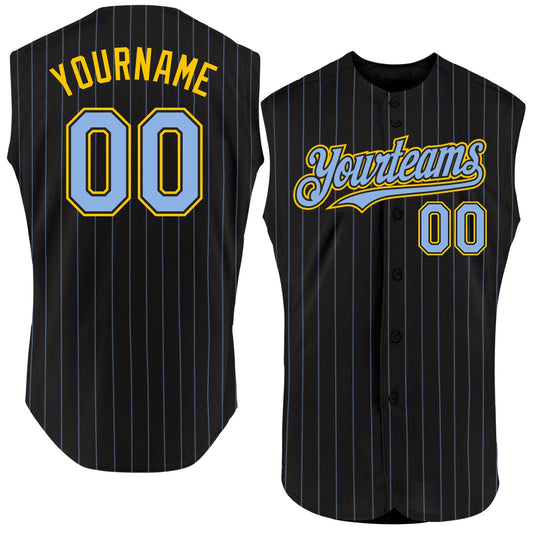 Custom Black Light Blue Pinstripe Yellow Authentic Sleeveless Baseball Jersey - Main View