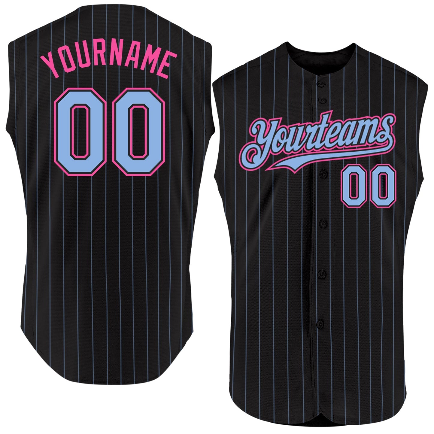 Custom Black Light Blue Pinstripe Pink Authentic Sleeveless Baseball Jersey - Main View