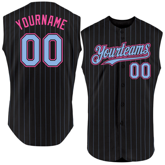 Custom Black Light Blue Pinstripe Pink Authentic Sleeveless Baseball Jersey - Main View