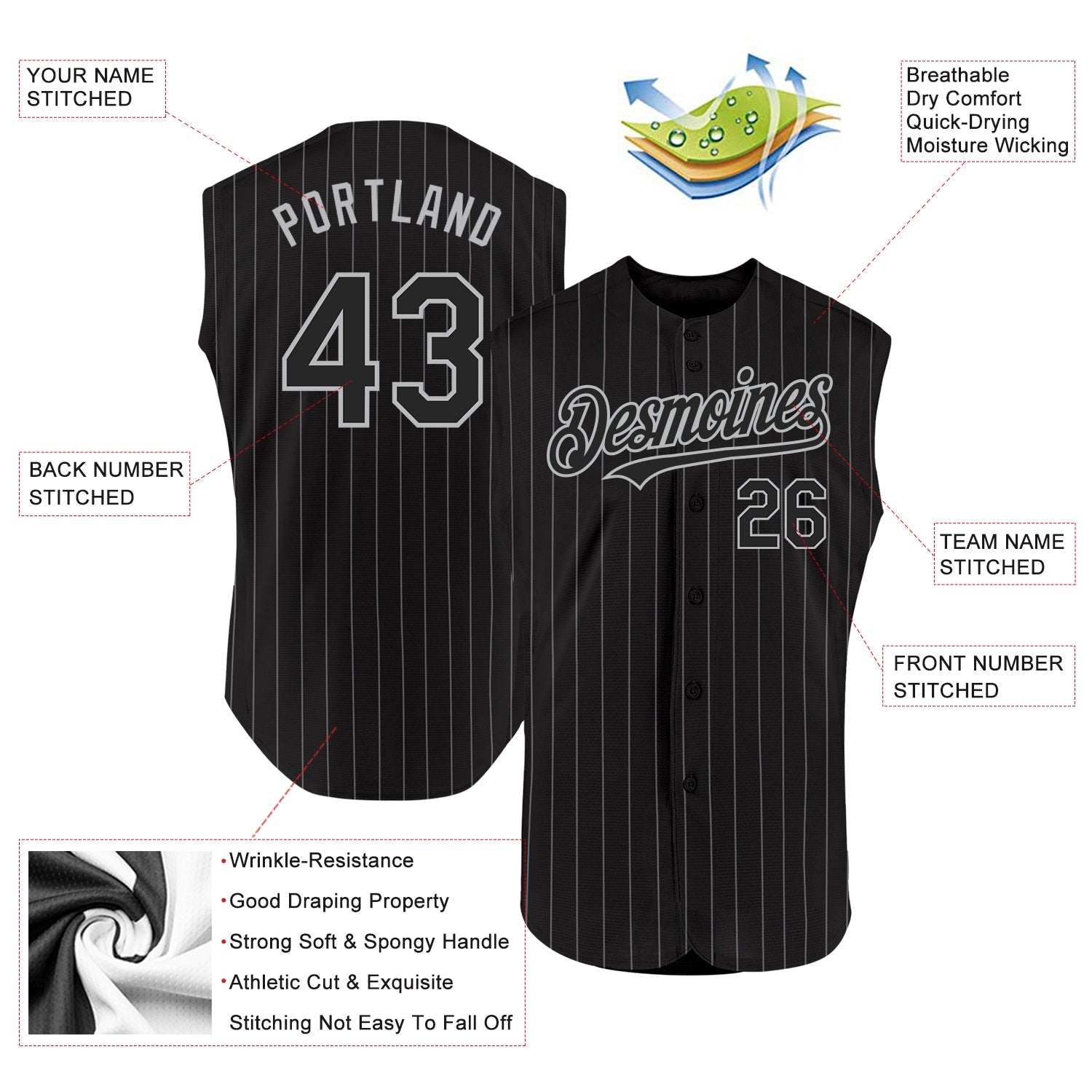 Custom Black Gray Pinstripe Gray Authentic Sleeveless Baseball Jersey view 2