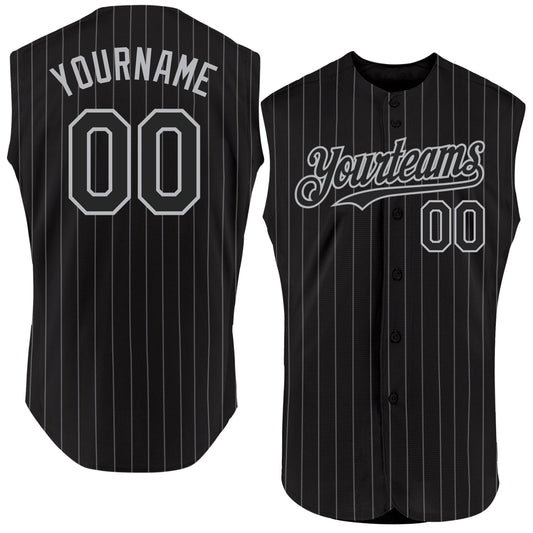 Custom Black Gray Pinstripe Gray Authentic Sleeveless Baseball Jersey - Main View