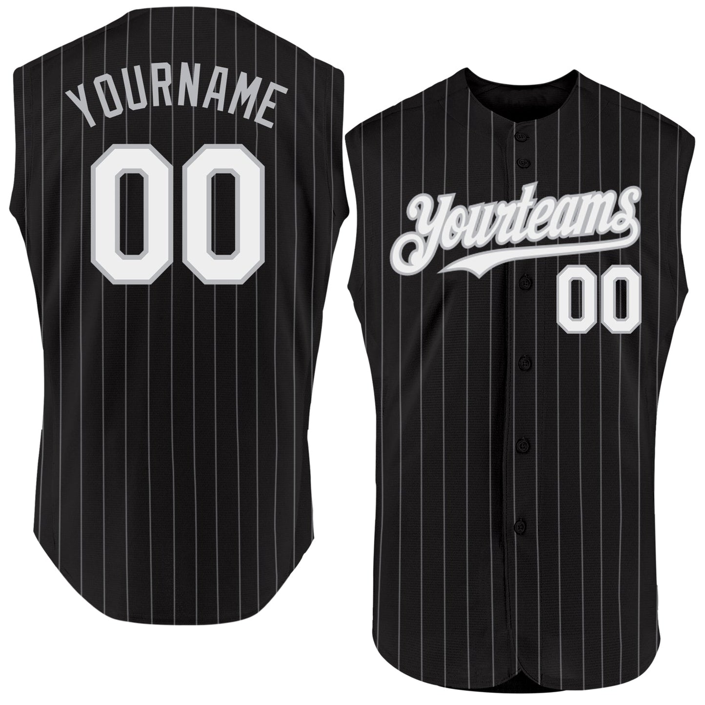 Custom Black Gray Pinstripe White Authentic Sleeveless Baseball Jersey - Main View