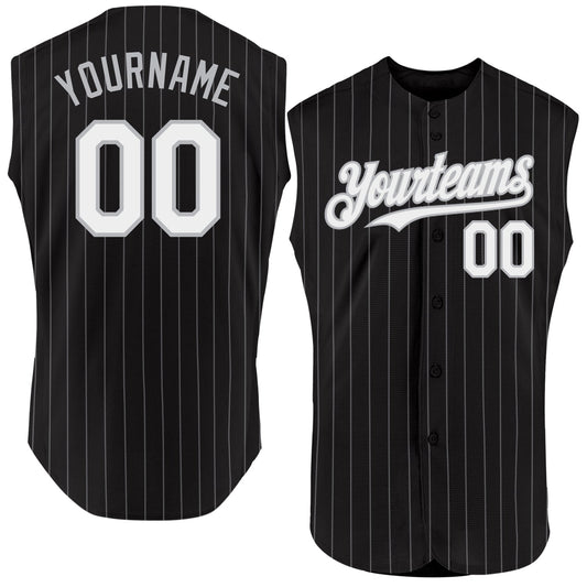 Custom Black Gray Pinstripe White Authentic Sleeveless Baseball Jersey - Main View