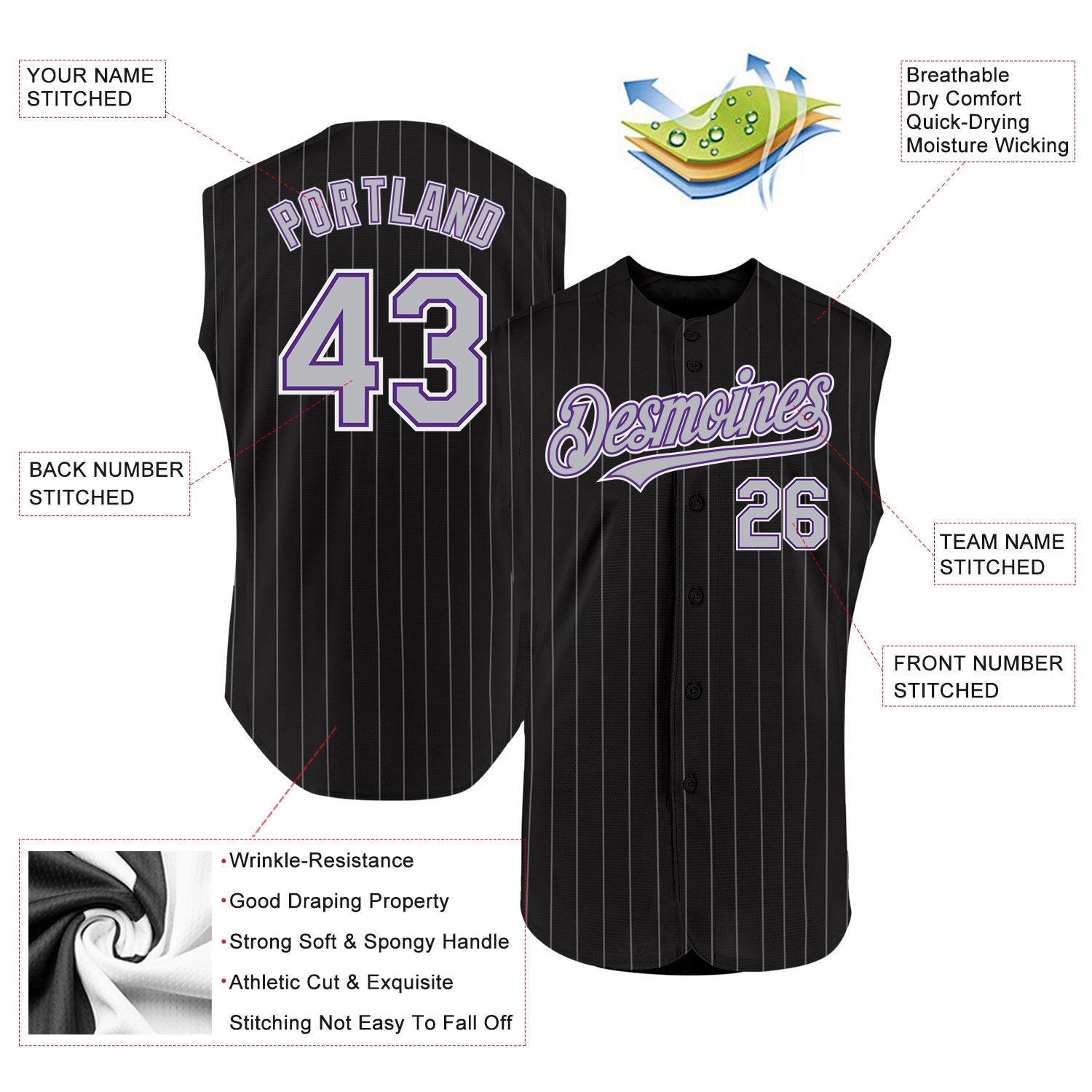 Custom Black Gray Pinstripe Purple-White Authentic Sleeveless Baseball Jersey view 2