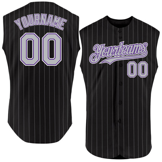 Custom Black Gray Pinstripe Purple-White Authentic Sleeveless Baseball Jersey - Main View