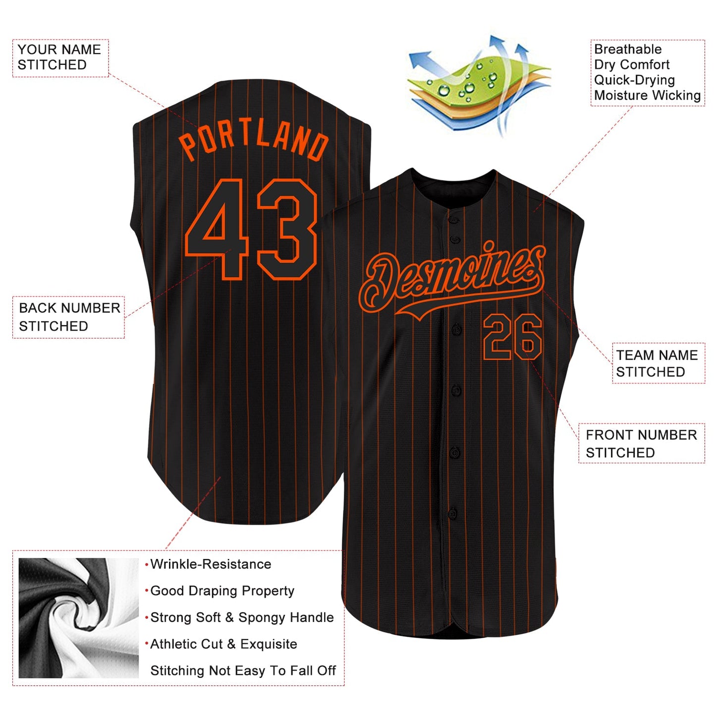 Custom Black Orange Pinstripe Orange Authentic Sleeveless Baseball Jersey view 2