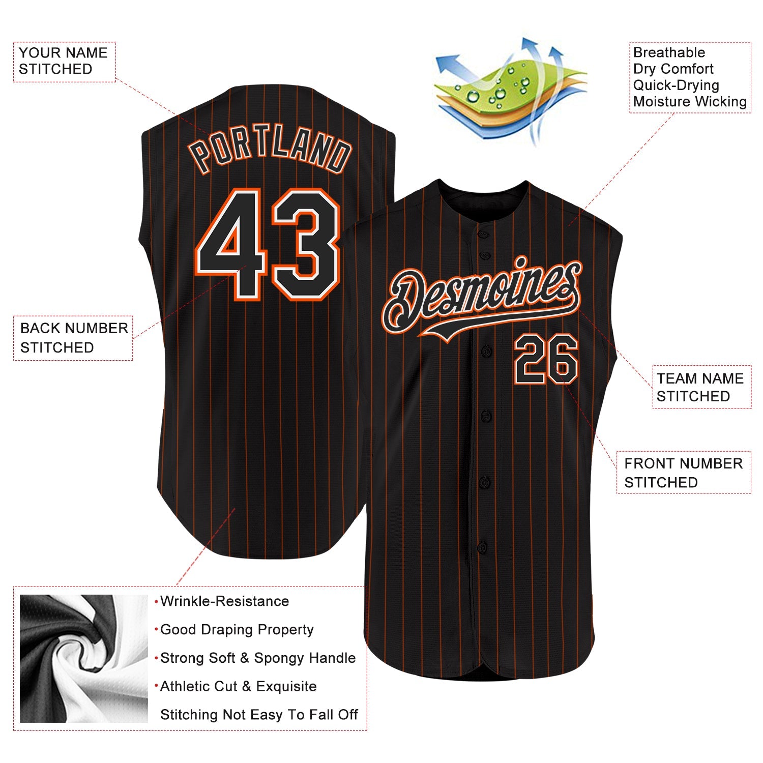 Custom Black Orange Pinstripe White Authentic Sleeveless Baseball Jersey view 2