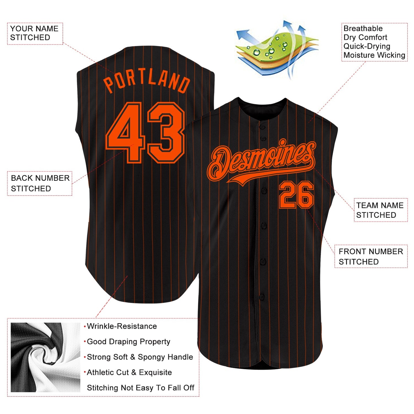 Custom Black Orange Pinstripe Orange Authentic Sleeveless Baseball Jersey view 2