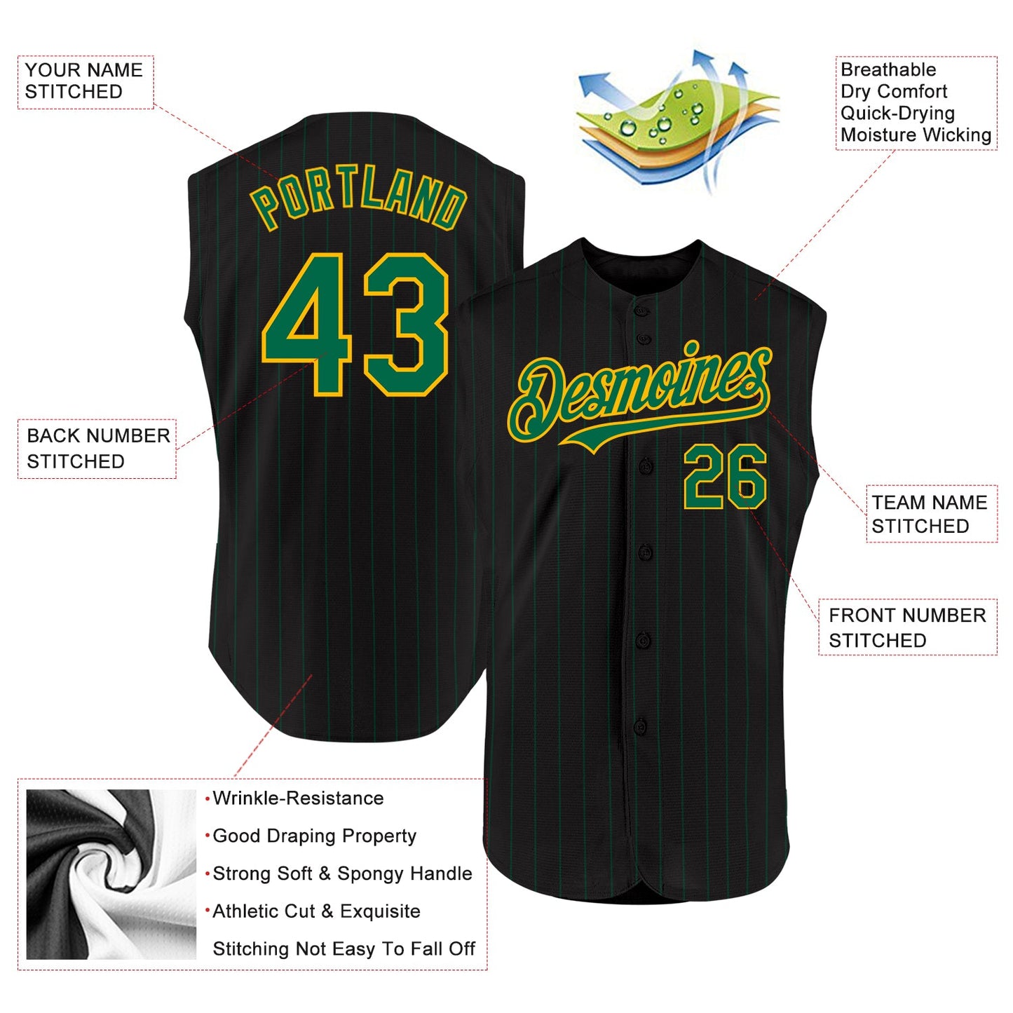 Custom Black Kelly Green Pinstripe Gold Authentic Sleeveless Baseball Jersey view 2