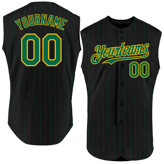 Custom Black Kelly Green Pinstripe Gold Authentic Sleeveless Baseball Jersey - Main View