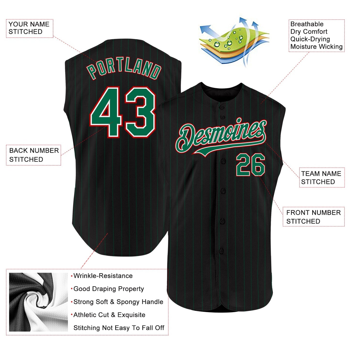 Custom Black Kelly Green Pinstripe White-Red Authentic Sleeveless Baseball Jersey view 2