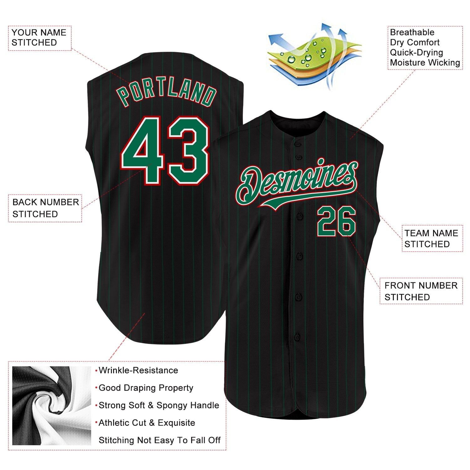 Custom Black Kelly Green Pinstripe White-Red Authentic Sleeveless Baseball Jersey view 2