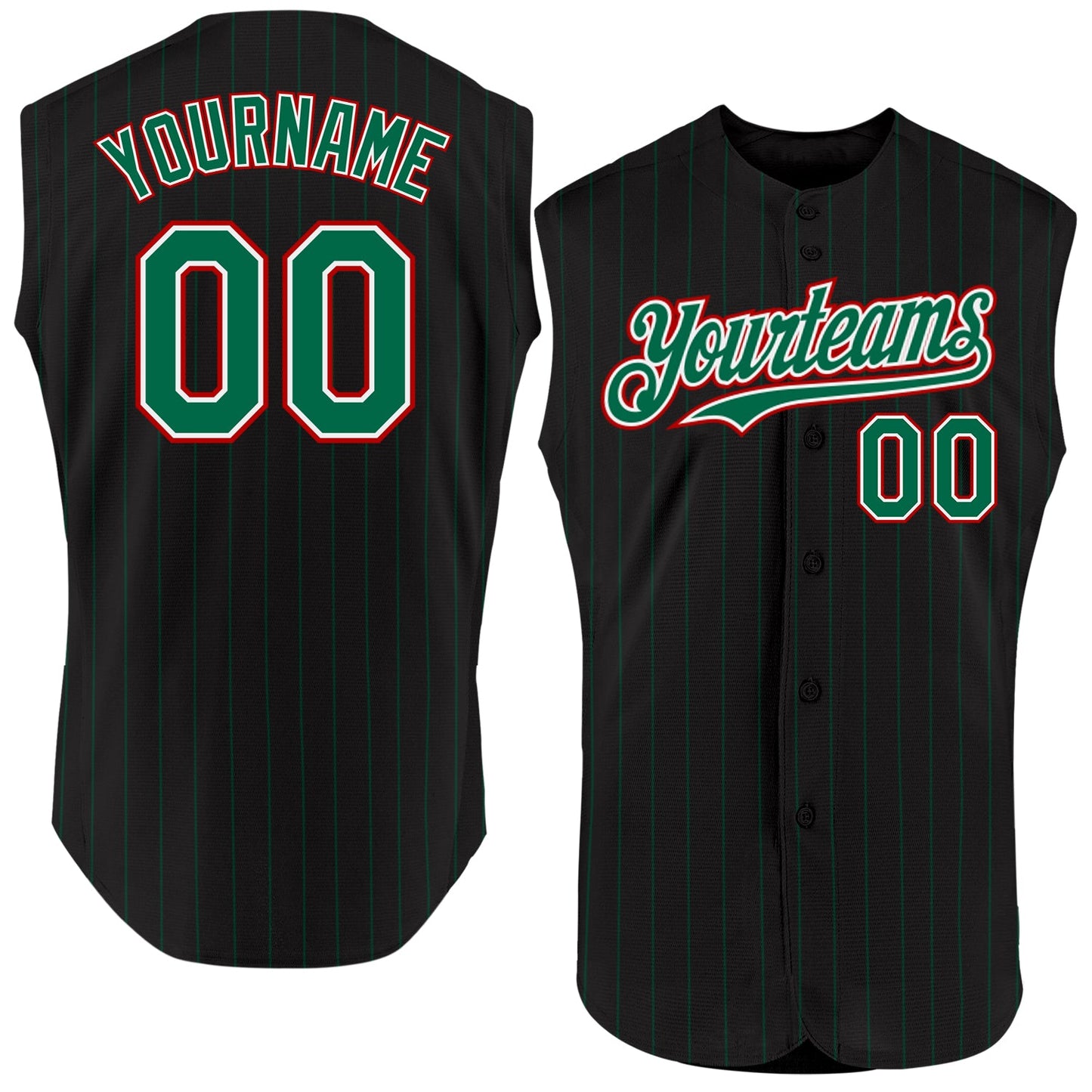 Custom Black Kelly Green Pinstripe White-Red Authentic Sleeveless Baseball Jersey - Main View