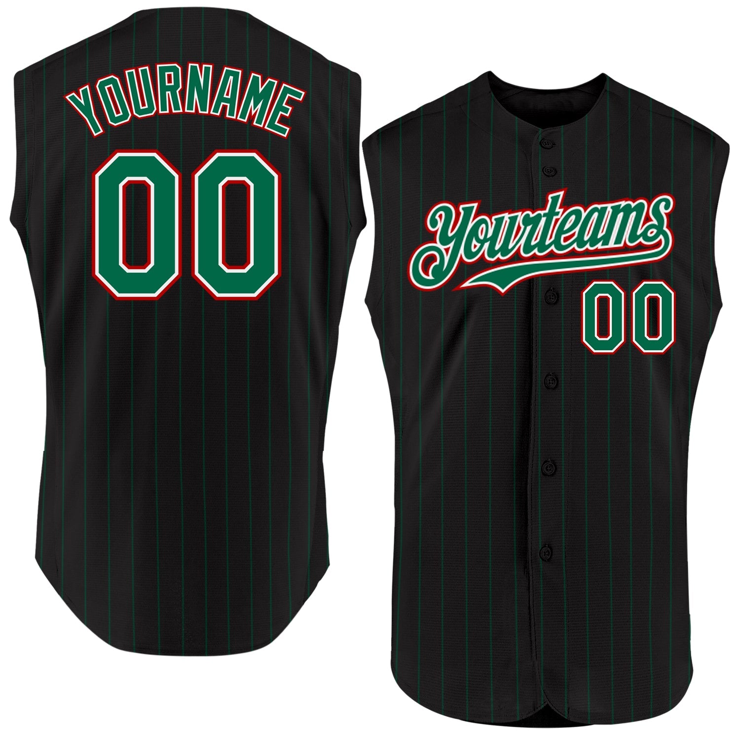 Custom Black Kelly Green Pinstripe White-Red Authentic Sleeveless Baseball Jersey - Main View