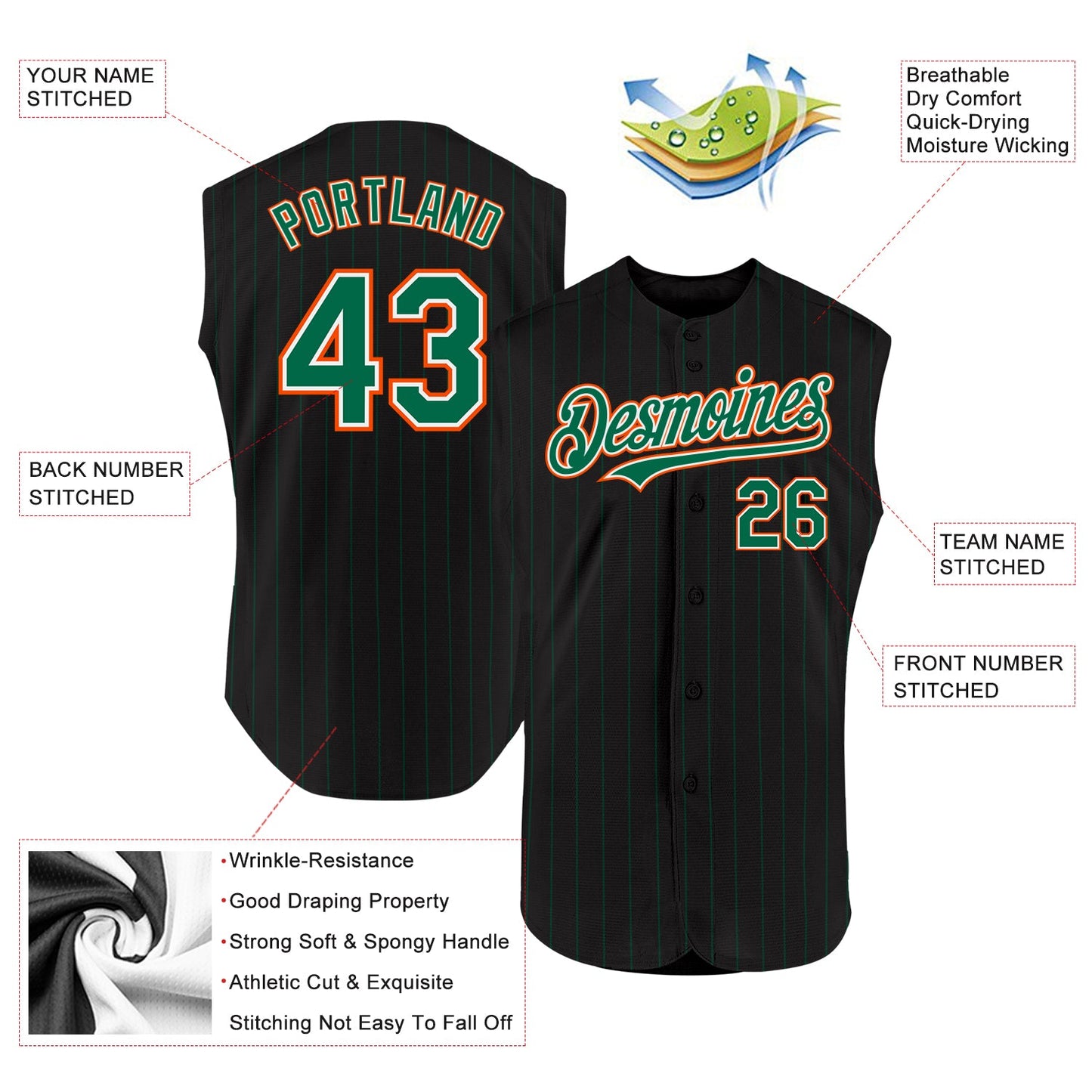 Custom Black Kelly Green Pinstripe White-Orange Authentic Sleeveless Baseball Jersey view 2
