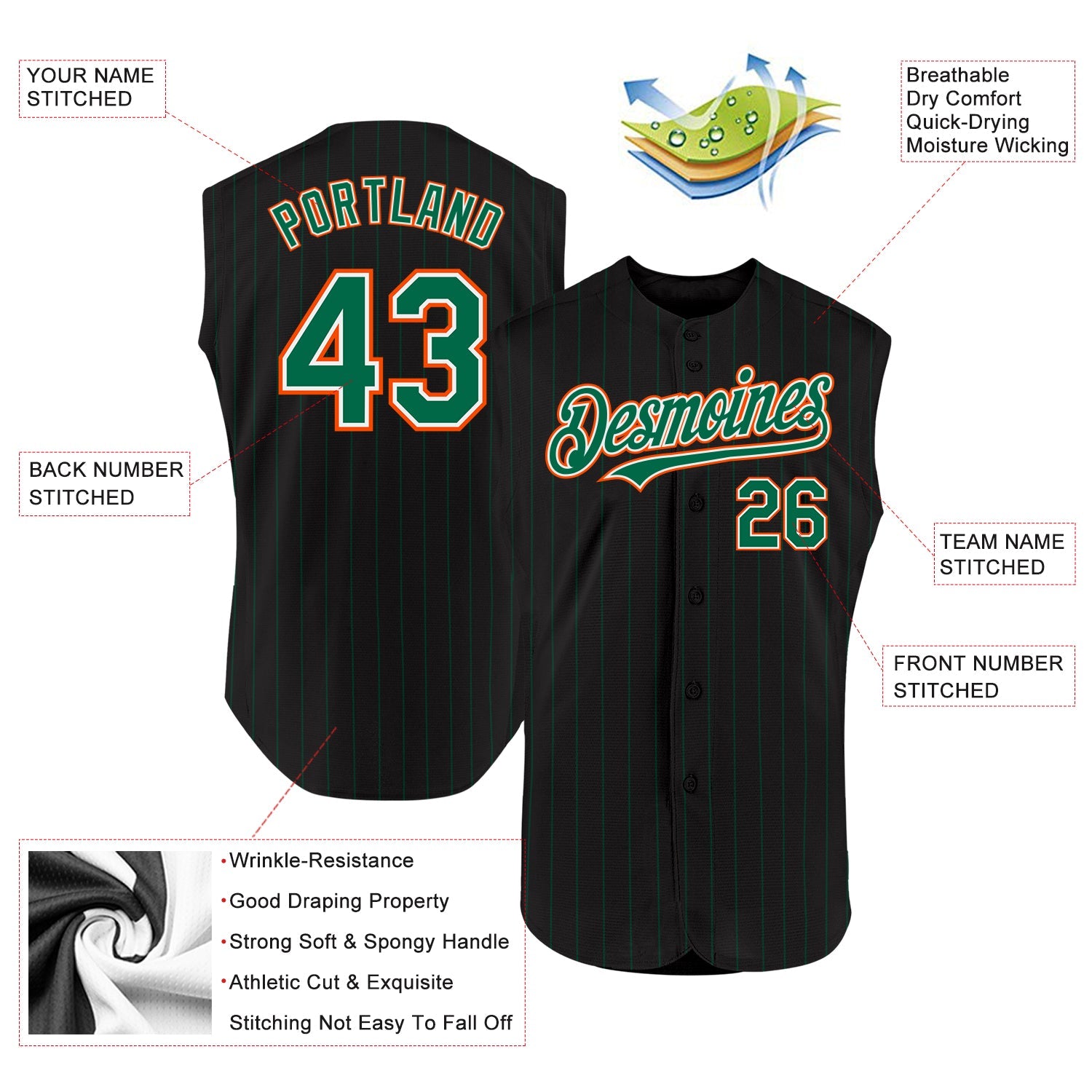 Custom Black Kelly Green Pinstripe White-Orange Authentic Sleeveless Baseball Jersey view 2