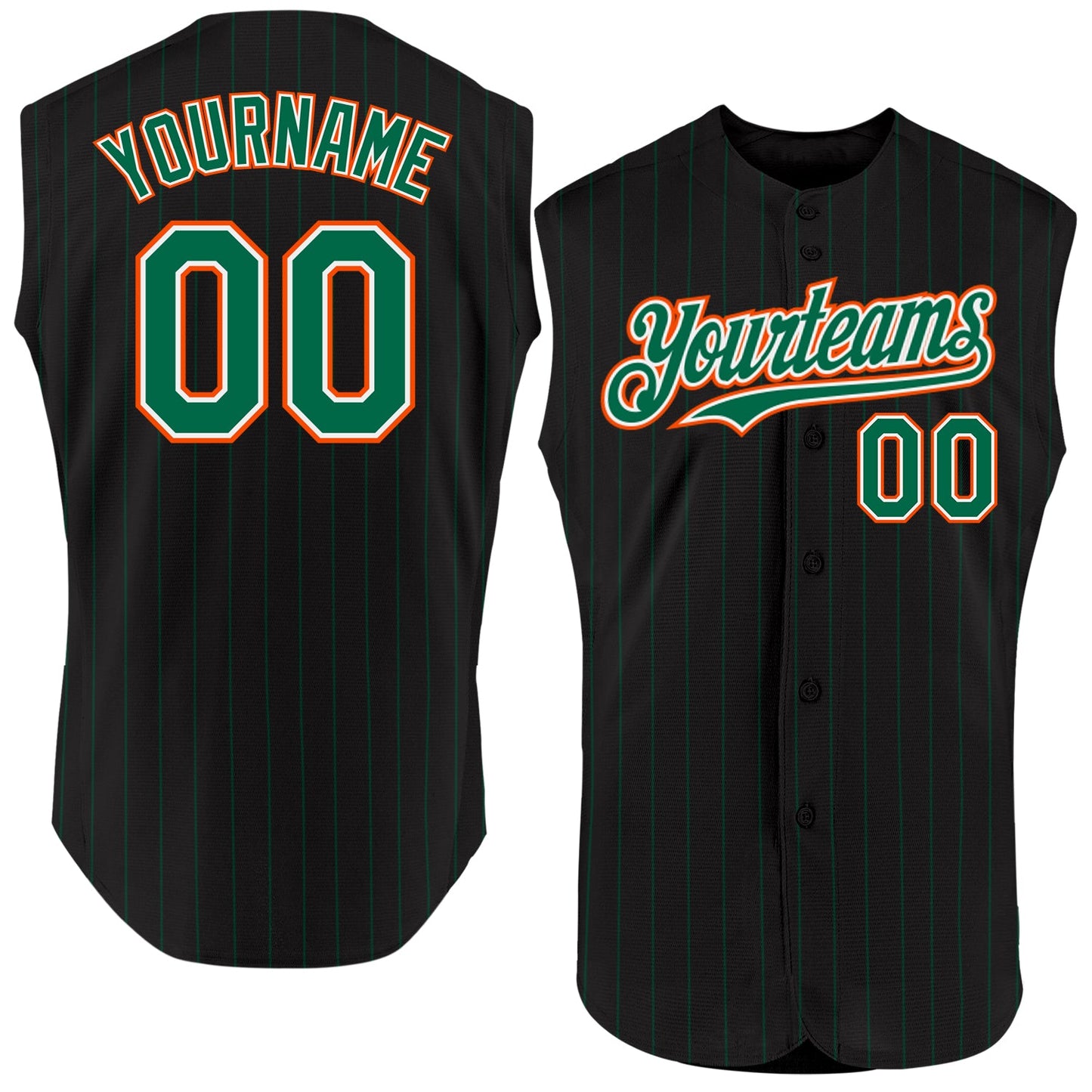 Custom Black Kelly Green Pinstripe White-Orange Authentic Sleeveless Baseball Jersey - Main View