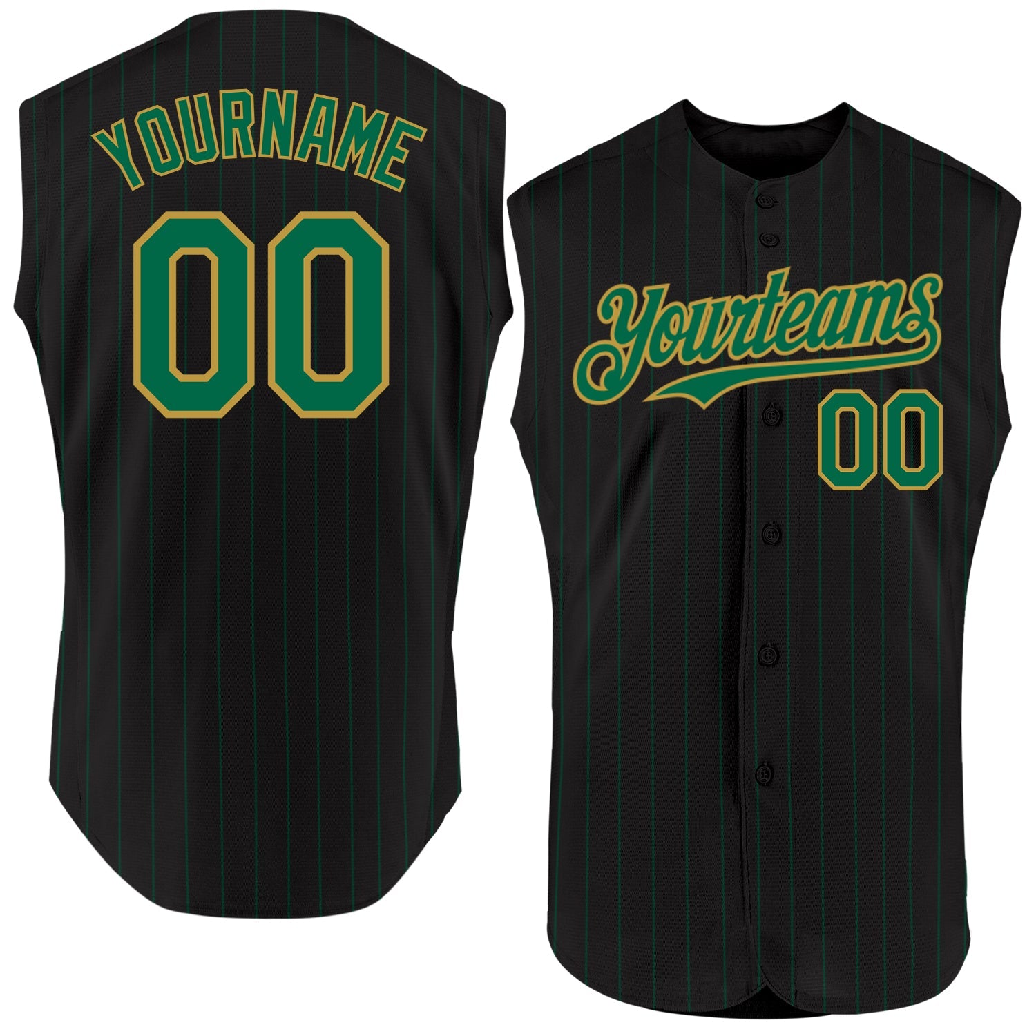 Custom Black Kelly Green Pinstripe Old Gold Authentic Sleeveless Baseball Jersey - Main View