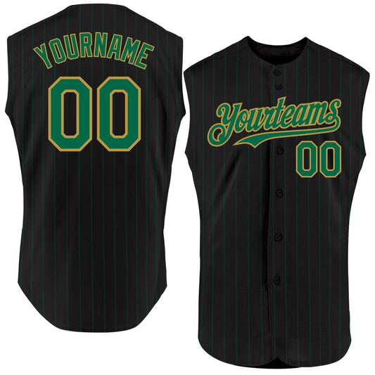 Custom Black Kelly Green Pinstripe Old Gold Authentic Sleeveless Baseball Jersey - Main View