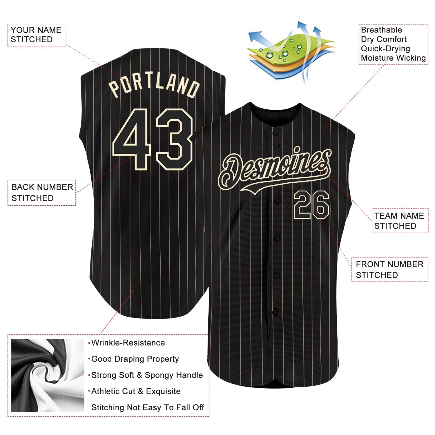 Custom Black Cream Pinstripe Cream Authentic Sleeveless Baseball Jersey view 2