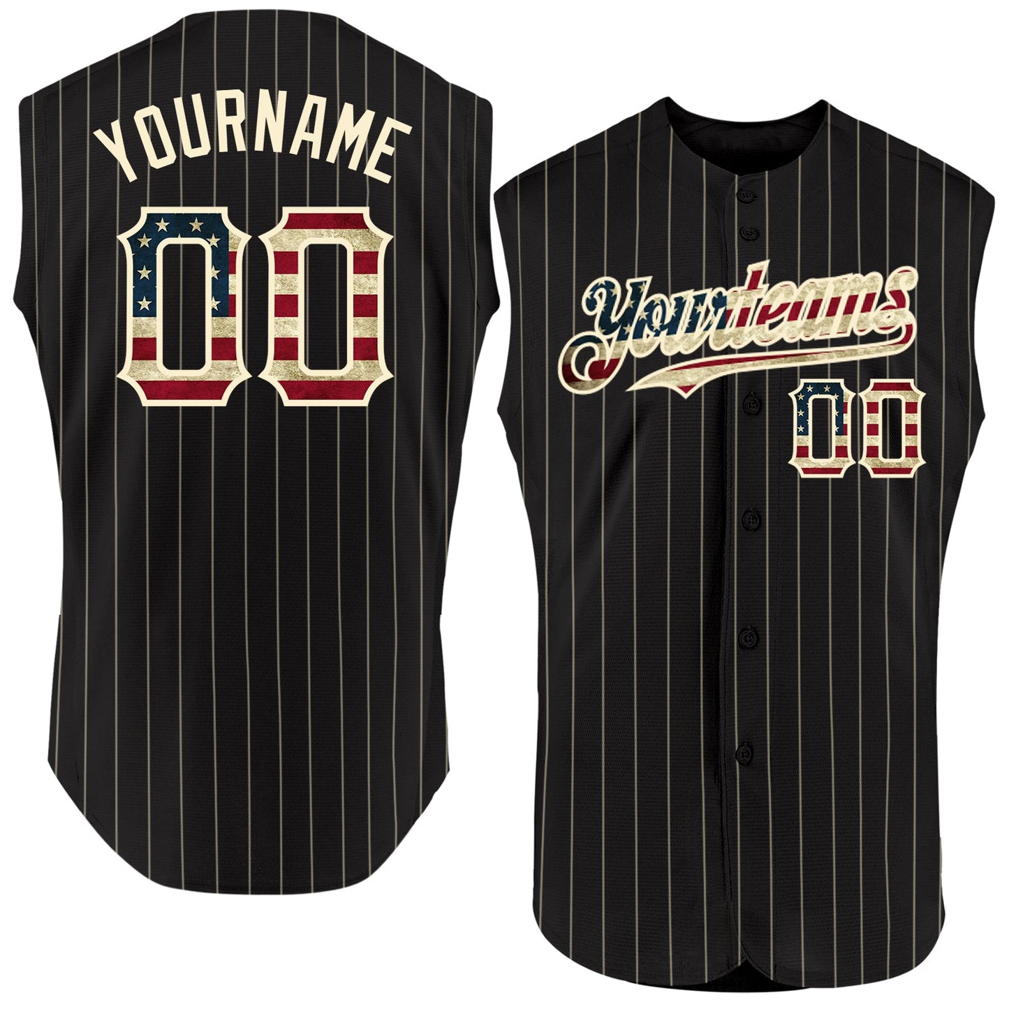 Custom Black Cream Pinstripe Vintage USA Flag Authentic Sleeveless Baseball Jersey - Main View