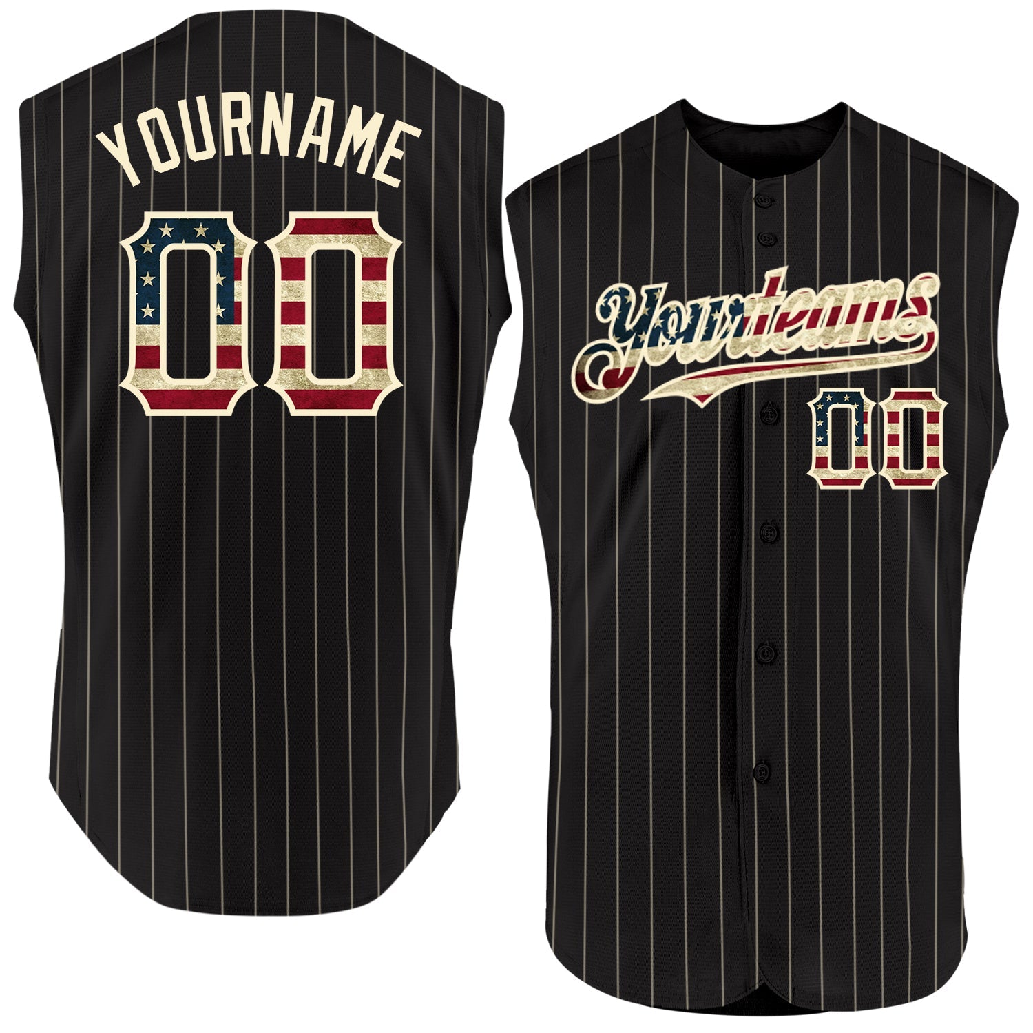 Custom Black Cream Pinstripe Vintage USA Flag Authentic Sleeveless Baseball Jersey - Main View