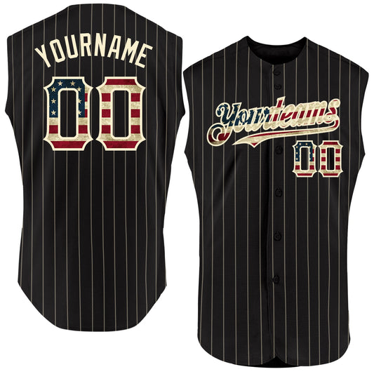 Custom Black Cream Pinstripe Vintage USA Flag Authentic Sleeveless Baseball Jersey - Main View