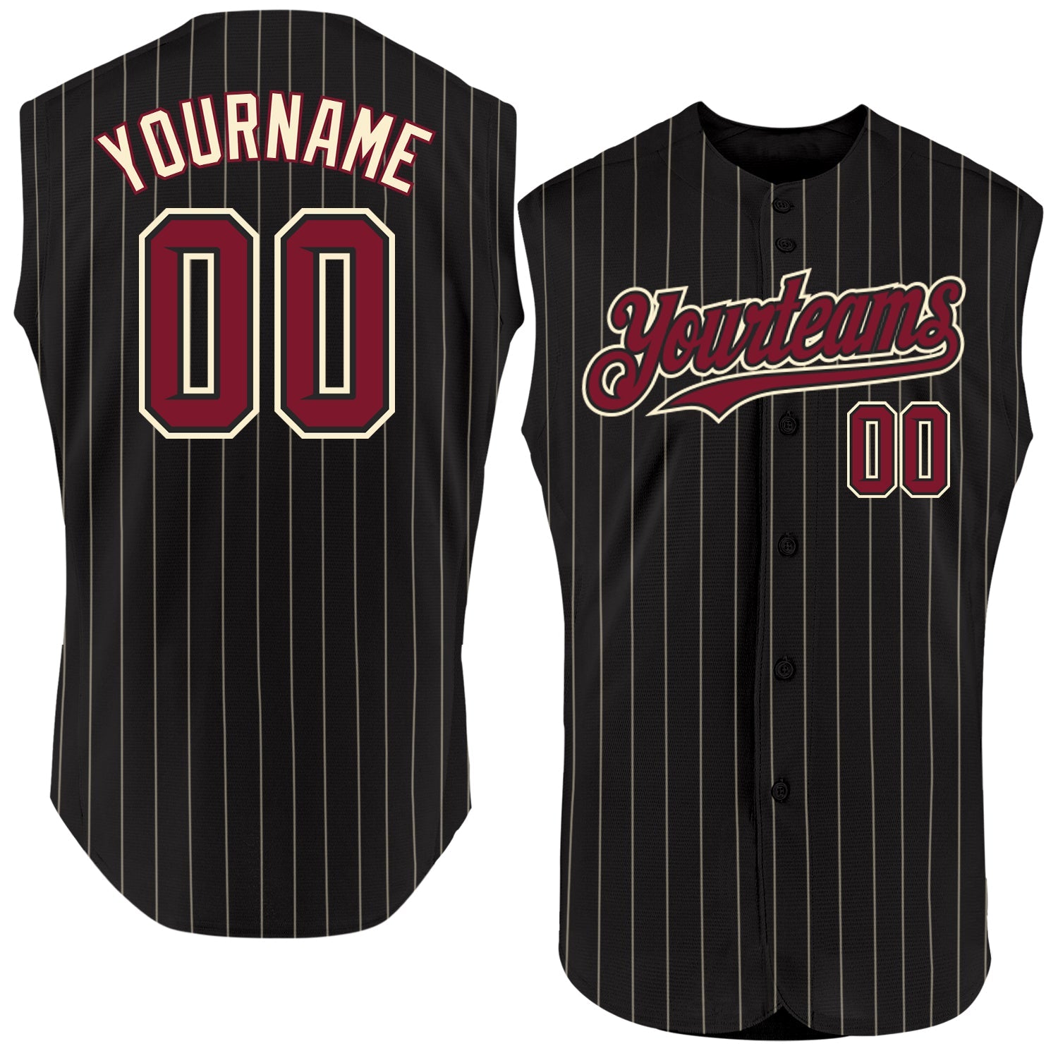 Custom Black Cream Pinstripe Crimson Authentic Sleeveless Baseball Jersey - Main View