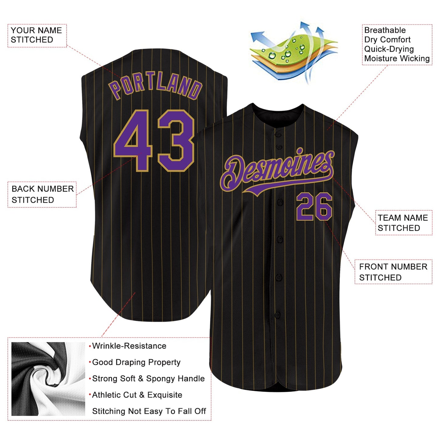 Custom Black Old Gold Pinstripe Purple Authentic Sleeveless Baseball Jersey view 2