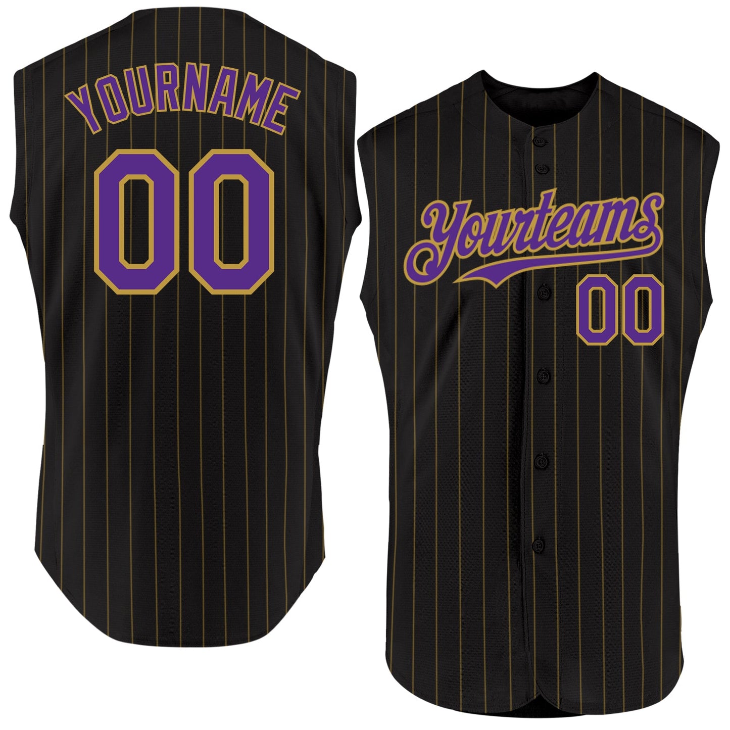 Custom Black Old Gold Pinstripe Purple Authentic Sleeveless Baseball Jersey - Main View