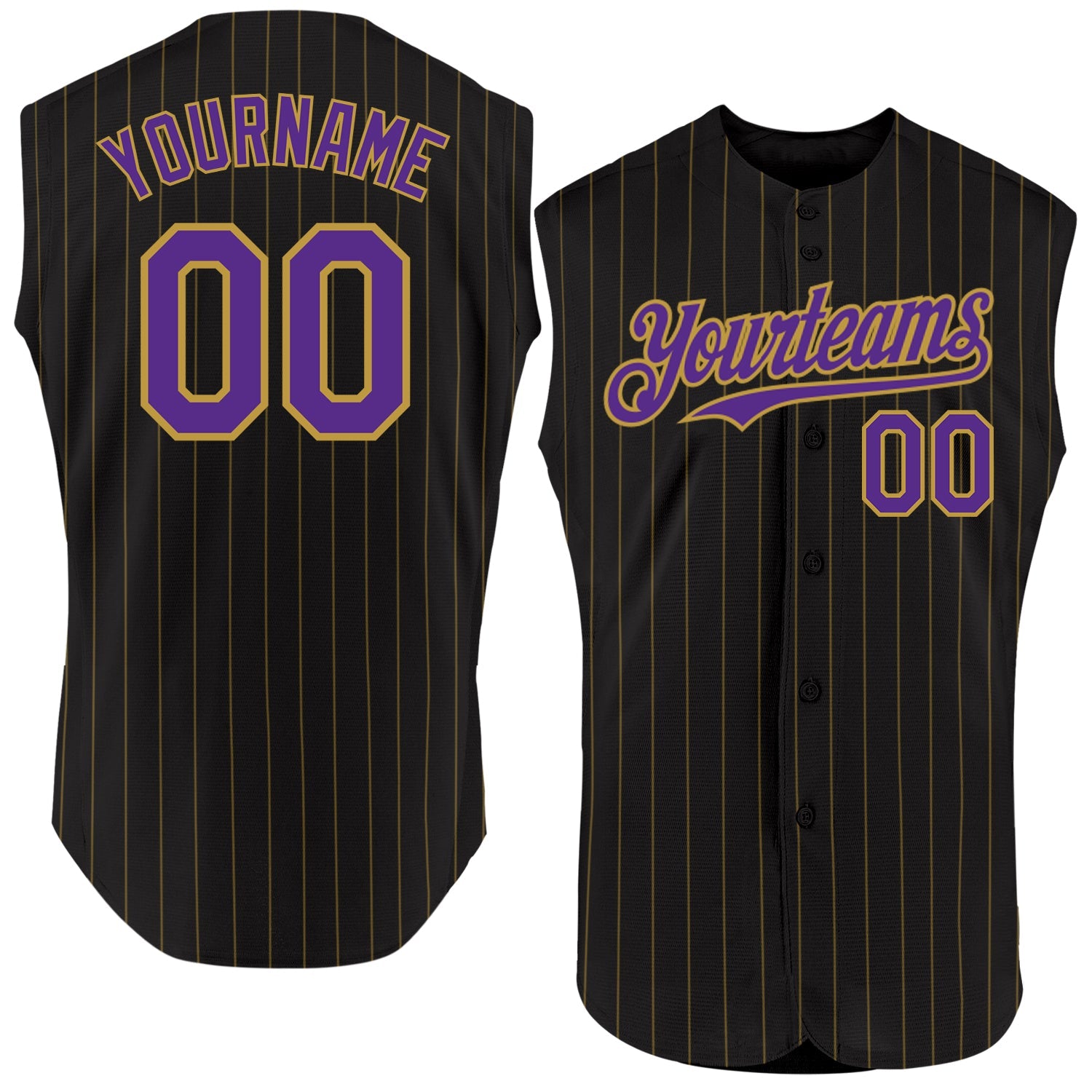 Custom Black Old Gold Pinstripe Purple Authentic Sleeveless Baseball Jersey - Main View